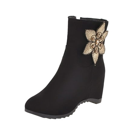 

ZHAGHMIN Black Dressy Wedge Boots For Women Ladies Fashion Solid Color Suede Floral Decorative Wedge Heel High Side Zipper Short Boots Boots Women Fashion Heel Boots For Women Size 11 Women S Wedge