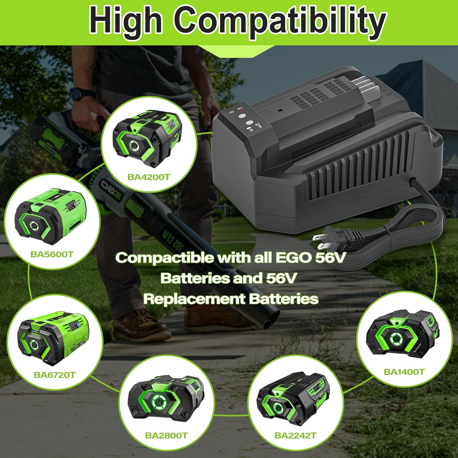 For EGO Power+ 56V 4A Battery Rapid Charger replacement EGO 56V Battery Charger CH2100 CH3200 CH5500, Compatible with All EGO 56V Battery BA2800 BA1400 BA5635 BA4200