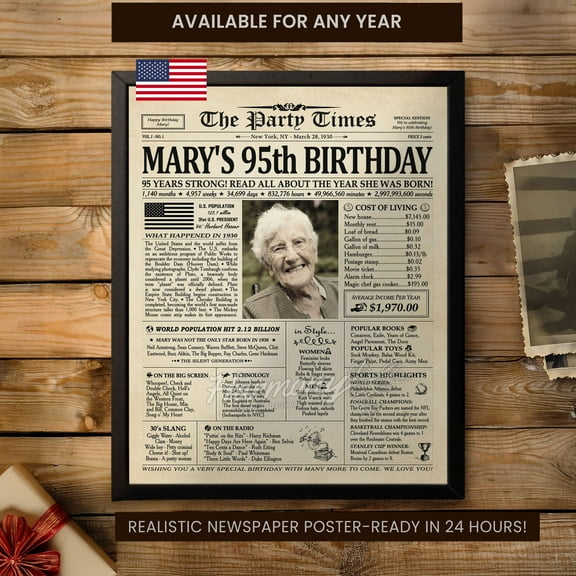YaHaku 95th Birthday Gift for Grandma or Grandpa, 1930 Birthday Newspaper Poster, Godmother Gift from Godson, 95th Birthday