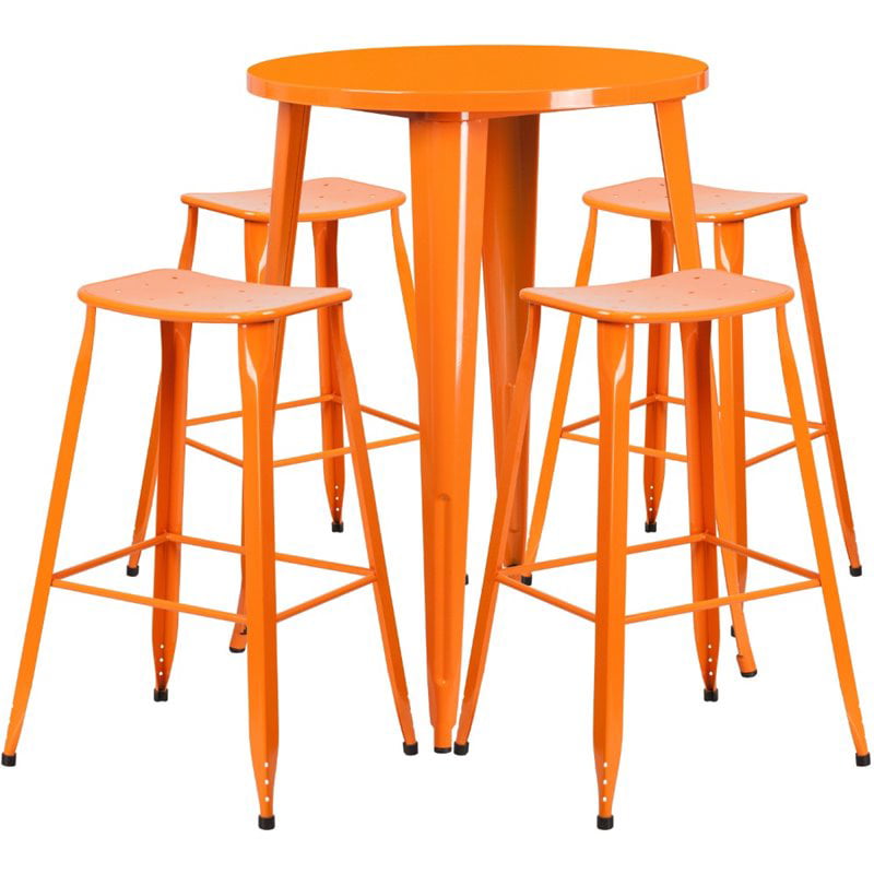 30'' ROUND ORANGE METAL INDOOR-OUTDOOR BAR TABLE SET WITH 4 CAFE BARSTOOLS 