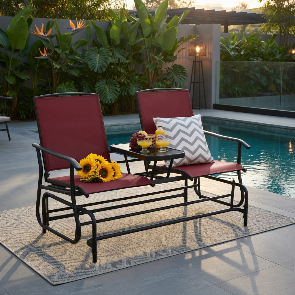 Hommoo 2-Person Outdoor Rocking Loveseat with Tempered Glass Center Table, Mesh Fabric Seating, Red