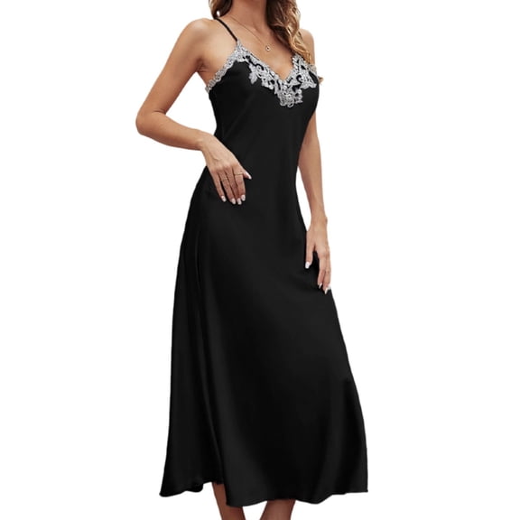 Wensltd Women Spaghetti Strap V Neck Nightgown Solid Soft Lightweight Comfy Lace Trim Sleep Dress