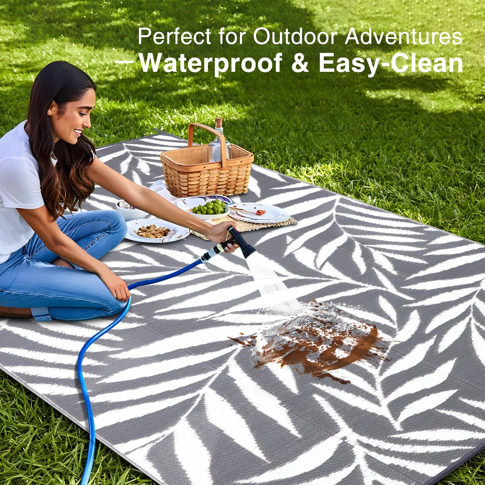 Smiry Outdoor Rugs 5x8, Waterproof Plastic Straw Indoor Outdoor Mat for Patio, RV Camping, Deck,Porch, Grey & White