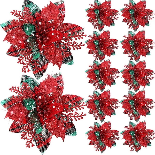 5/10Pcs Glitter Pink Christmas Flowers Xmas Tree 14cm Artifical Flower Ornaments 2024 Christmas Decoration For Home New Year