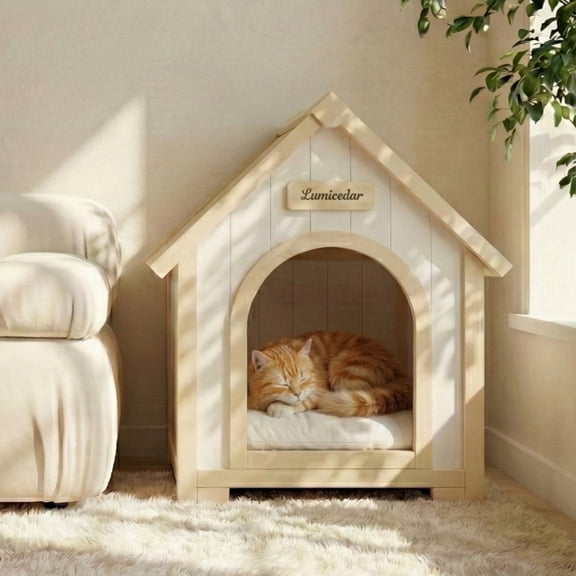 TOPCOMFY Indoor Wooden Dog House EVA Cushion Solid Cedar Pet House for Small Dogs and Cats