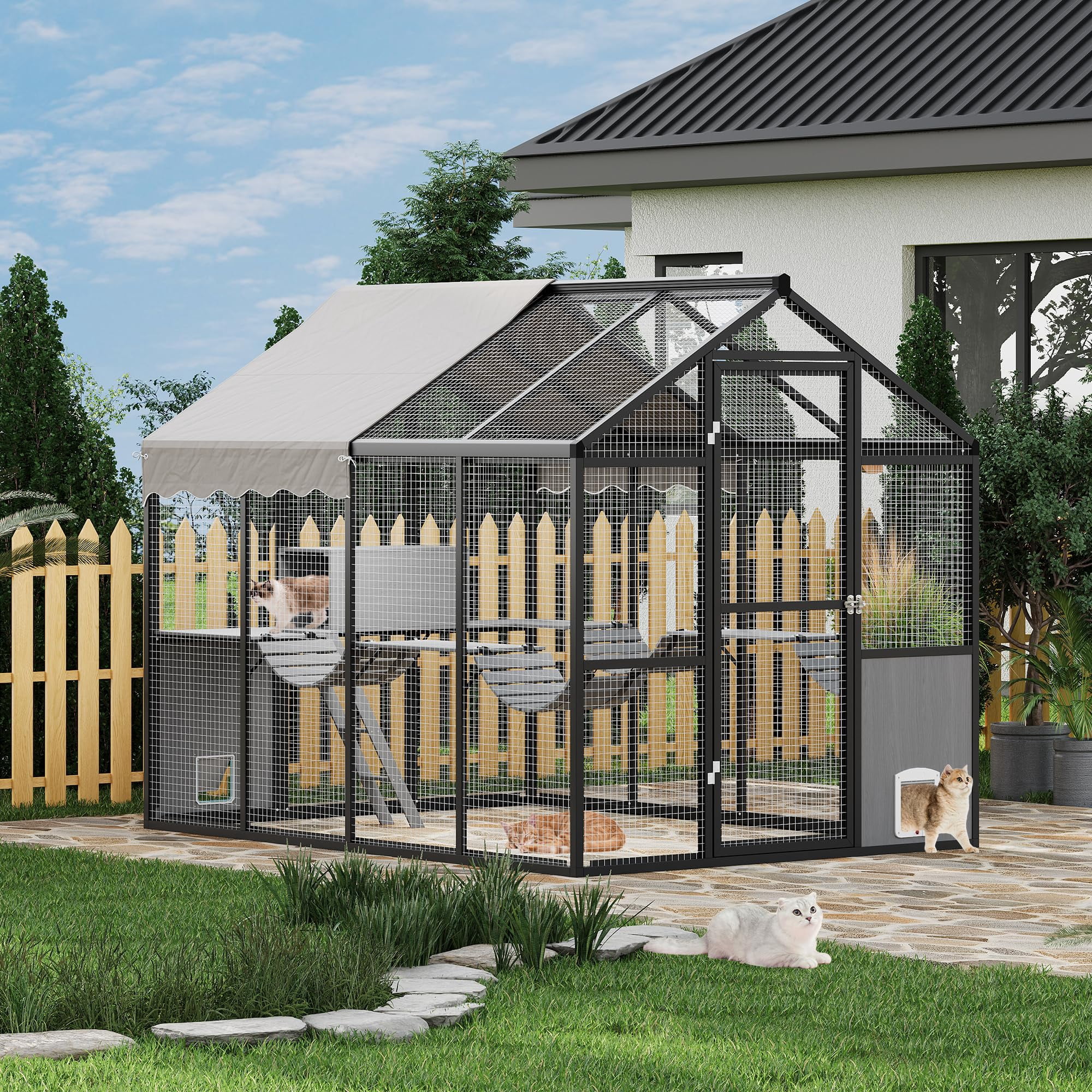 Extra Large Outdoor Catio Enclosure, Weatherproof UV-Proof Roof, Walk-in Cat Cage with Channels, Side Door, Platform & Huge Condo for Multiple Cats