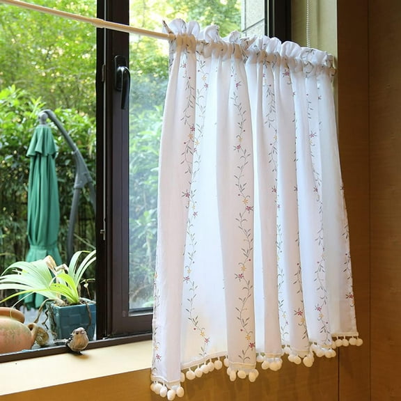 French Country Embroidered Kitchen Curtain Valance Vine Pattern Cafe Valance Curtain Pom Poms Rod Pocket Drapes Decor for Small Window Garden Bedroom, 1 Panel, 55" W x 24" L