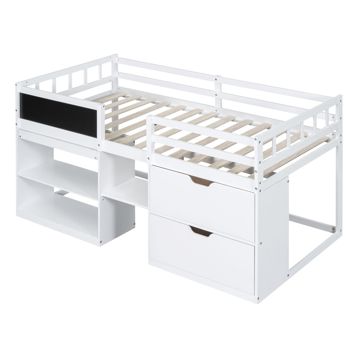 Asteroutdoor Twin Size Low Loft Bed with Rolling Desk, Shelf and Drawers - White