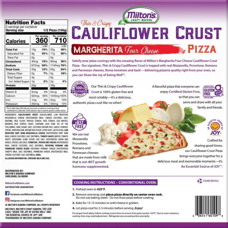 Milton s Craft Bakers Gluten Free Margherita Cauliflower Thin Crust Pizza Tomato Sauce 11oz Frozen