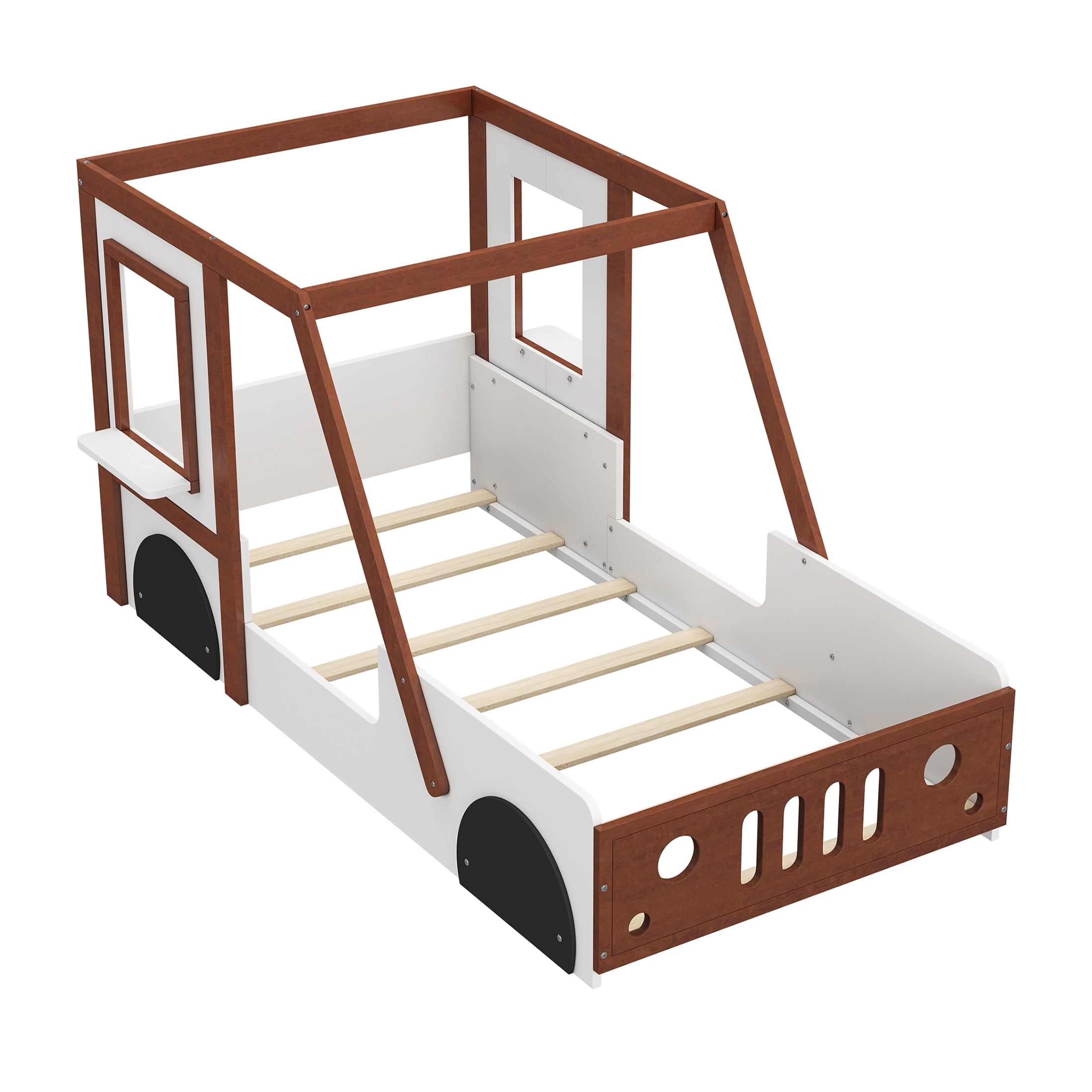 JERFIT Race Car Twin Bed with Storage, Orange White Wood Platform Bed Frame for Boys Girls Teens