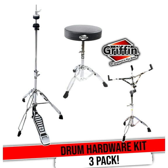 Drum Hardware Set - Hi-Hat Stand, Drummer's Throne Seat & Snare Stand (3-Piece Kit) by GRIFFIN | Deluxe Chrome Slip-Proof Gear Holder Percussion Kit for Mounting Hi-Hat Cymbals & Snare Drums