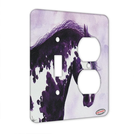 KuzmarK™ 2 Gang Single Toggle / Single Duplex Wall Plate - Purple Pinto Mustang Abstract Horse Art by Denise Every
