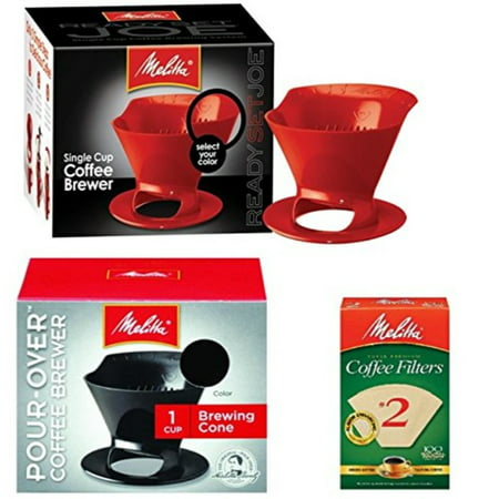 Melitta Ready Set Joe Single Cup Pour Over Coffee Brewer Maker 1 Black and 1 Red 2 Natural Brown Cone Coffee Filters
