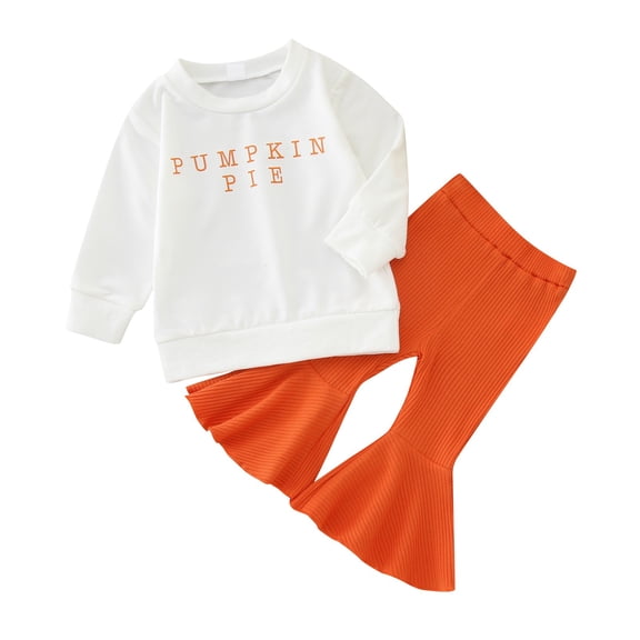 ZXLBBD Kids Toddler Girls Fall Print Ribbed Long Sleeve Top and Long Pants Bell Bottoms Outfits Set Casual Versatile Outdoor Daily Wear Size 3 Y-4 Y