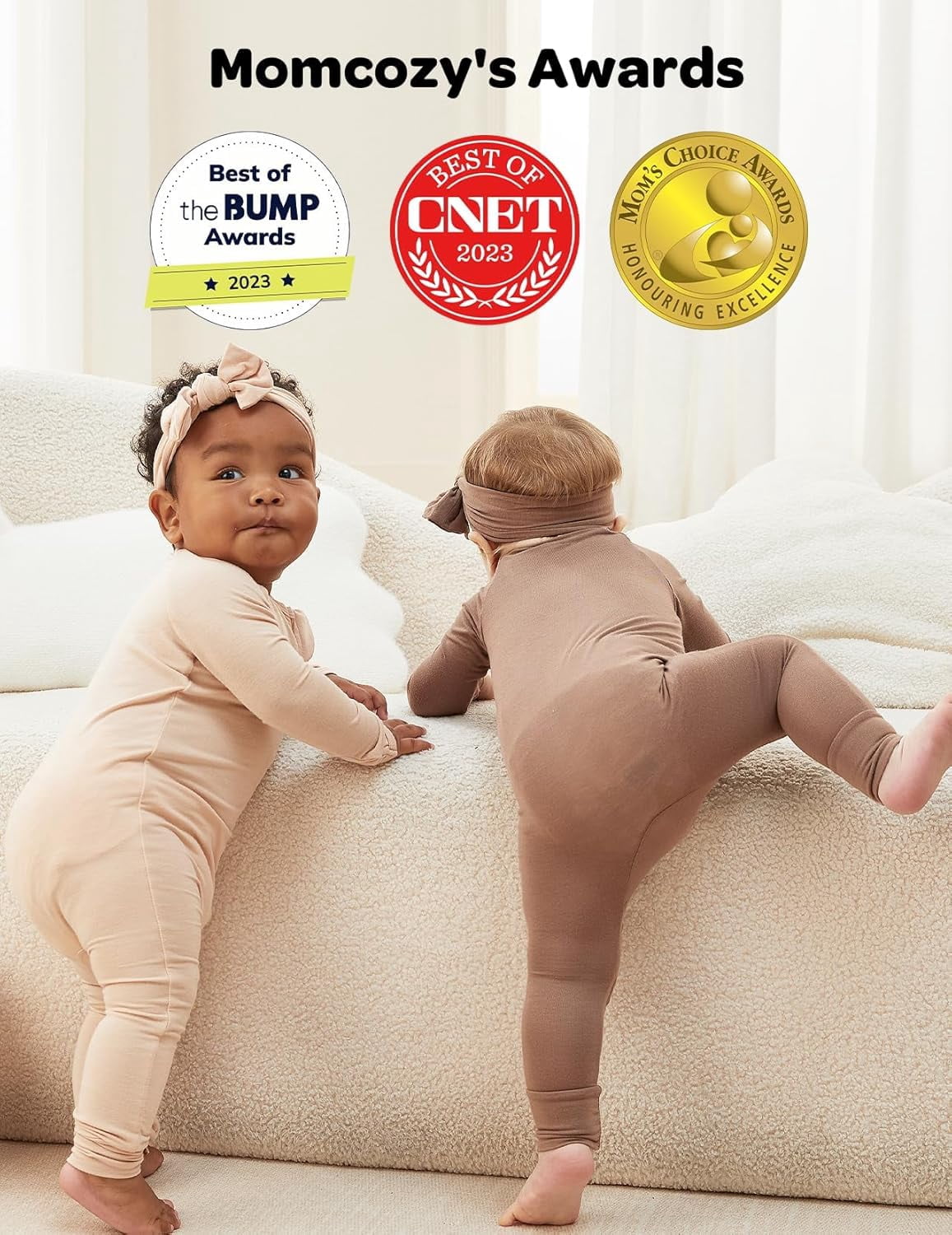 Momcozy Bamboo Fiber Baby Bodysuit 2-Piece Set,No Feet Covered BP002 6-12 Months Pink + Brown