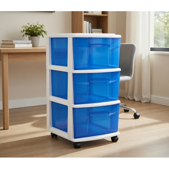 3-Tier Plastic Rolling Storage Cart with Clear Drawers and Wheels, Blue