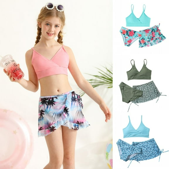 Uccdo Girls Swimsuits, Big Girls Solid 7-14 Bikinis Bathing Suit, 3 Pieces, Size 7-14T