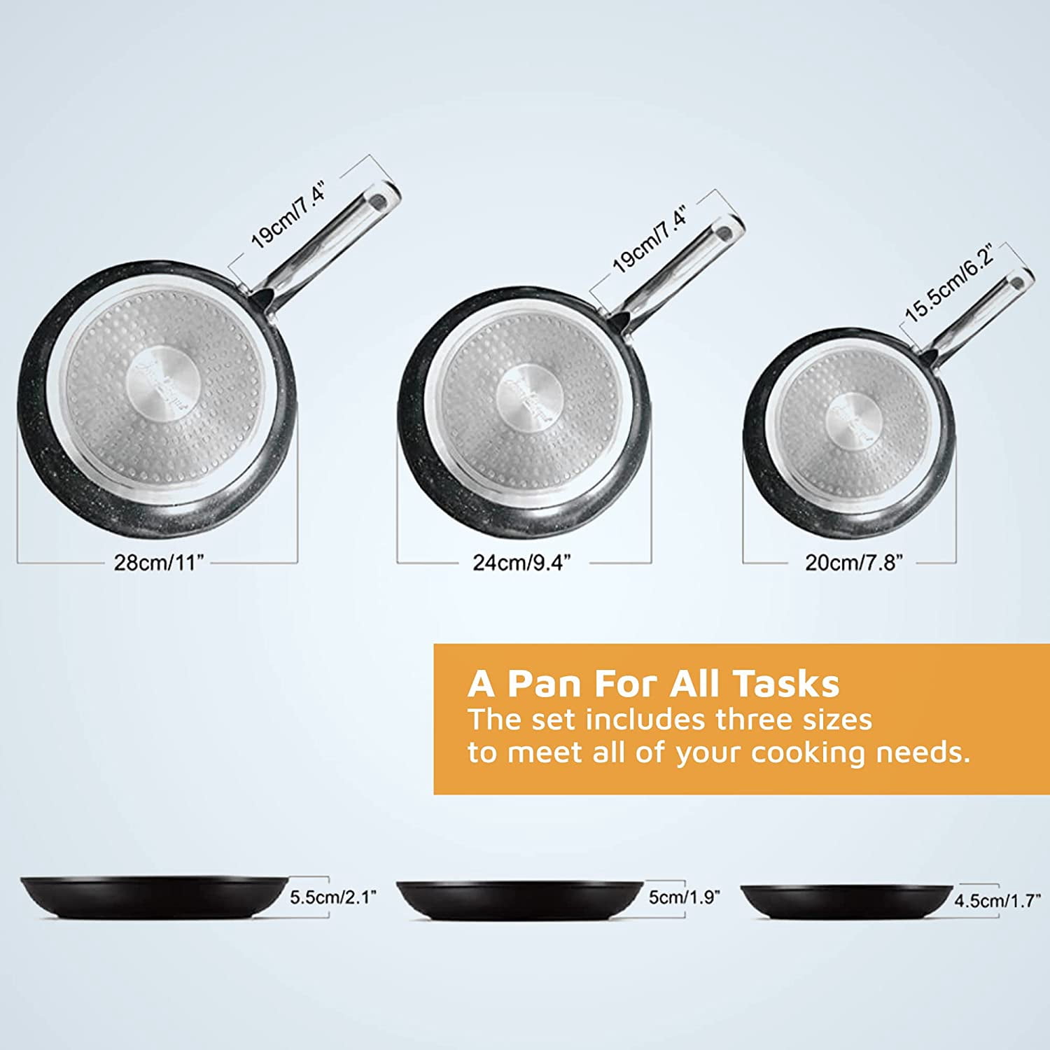 Stonetastic Non Stick Frying Pans – 3-Pack Granite Coating Stainless Steel Pans - Oven Safe Induction Cookware (7.8, 9.4, and 11 inch)