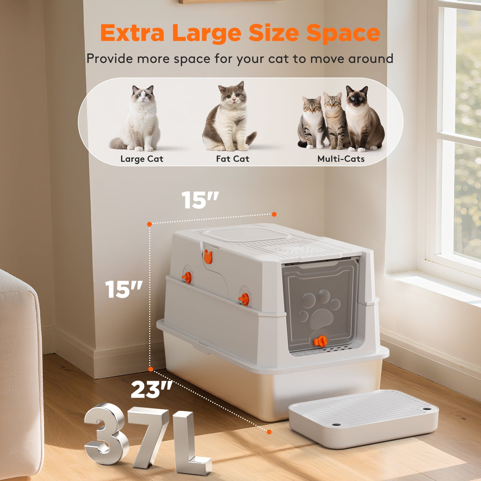 Stainless Steel Litter Box with Lid, Extra Large Enclosed Cat Litter Boxes for Big Cats Multiple, Metal Cat Litter Box with Mat, Silver Gray