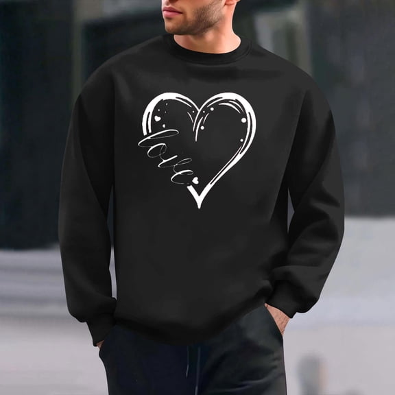 Antqov Mens Sweatshirt, Valentine's Day Love Printed Crew Neck Pullover Long Sleeve Big & Tall Sweatshirts, Daily Fashion Loose Comfortable Casual Tops