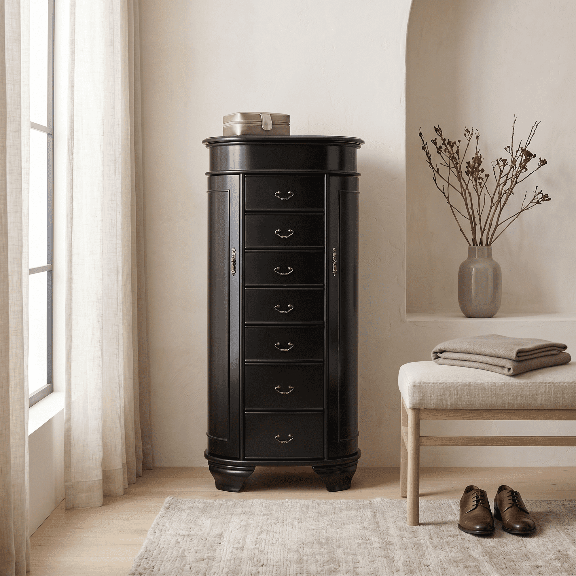 Hives and Honey Daley Oval Free Standing Wood Jewelry Armoire, Black