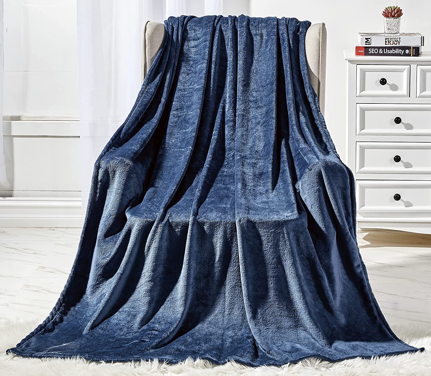 Solid Navy Plush Fleece Sherpa Throw Blanket, 60"x50"