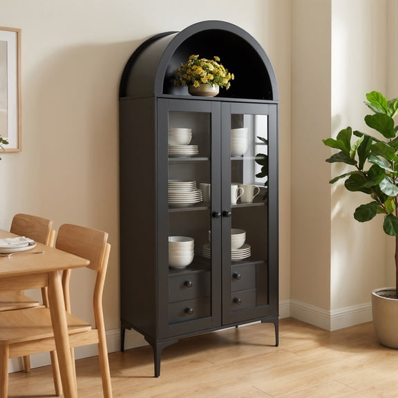 VEVOR Arched Display Cabinet with Glass Doors, 70 in Tall Curio Cabinet, 4-Tier Display Case with 2 Adjustable Shelves, Bookcase Bookshelf for Collectibles Storage Bedroom Living Room Office