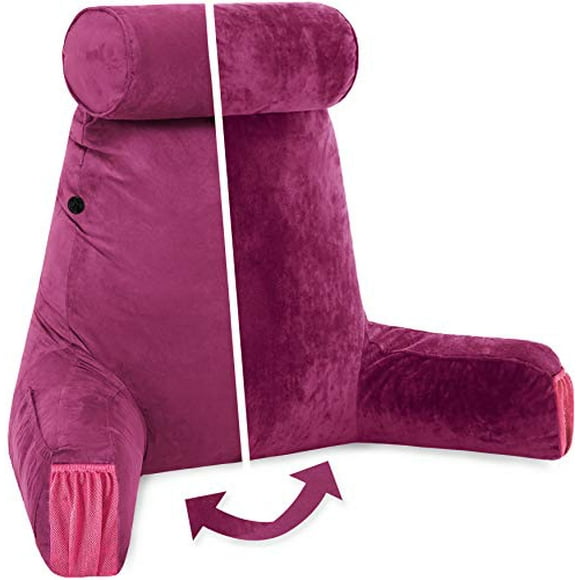 Husband Pillow Medium Aspen Edition Sliding Raspberry, Sit Up Reading & Bed Rest with Arms, Ultra-Comfy, Detach Neck Roll - Premium Shredded Memory Foam Backrest, Reverses to Micro: Suede or Plush