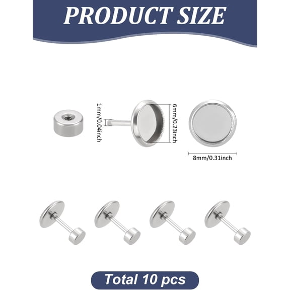 10Pcs 304 Stainless Steel Round Studs Earrings Findings 8mm Blank Round Tray Stud Earrings with 1mm Pin for Earring Making and DIY Stud Earring Supplies Inner Diameter: 6mm