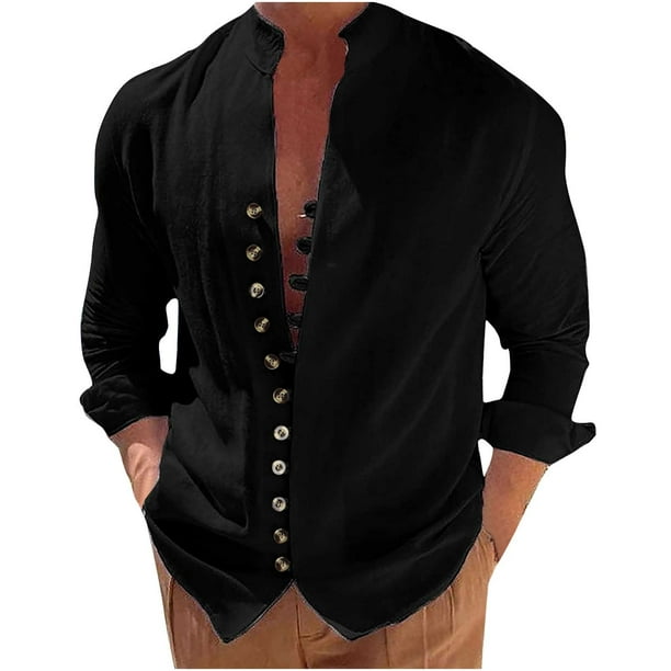 PEZHADA Mens Casual Button-down Shirts Big and Tall Work Shirts Men Vintage  Cotton Linen Shirt Slim Long Sleeve Standing Neck Button Pocket Casual