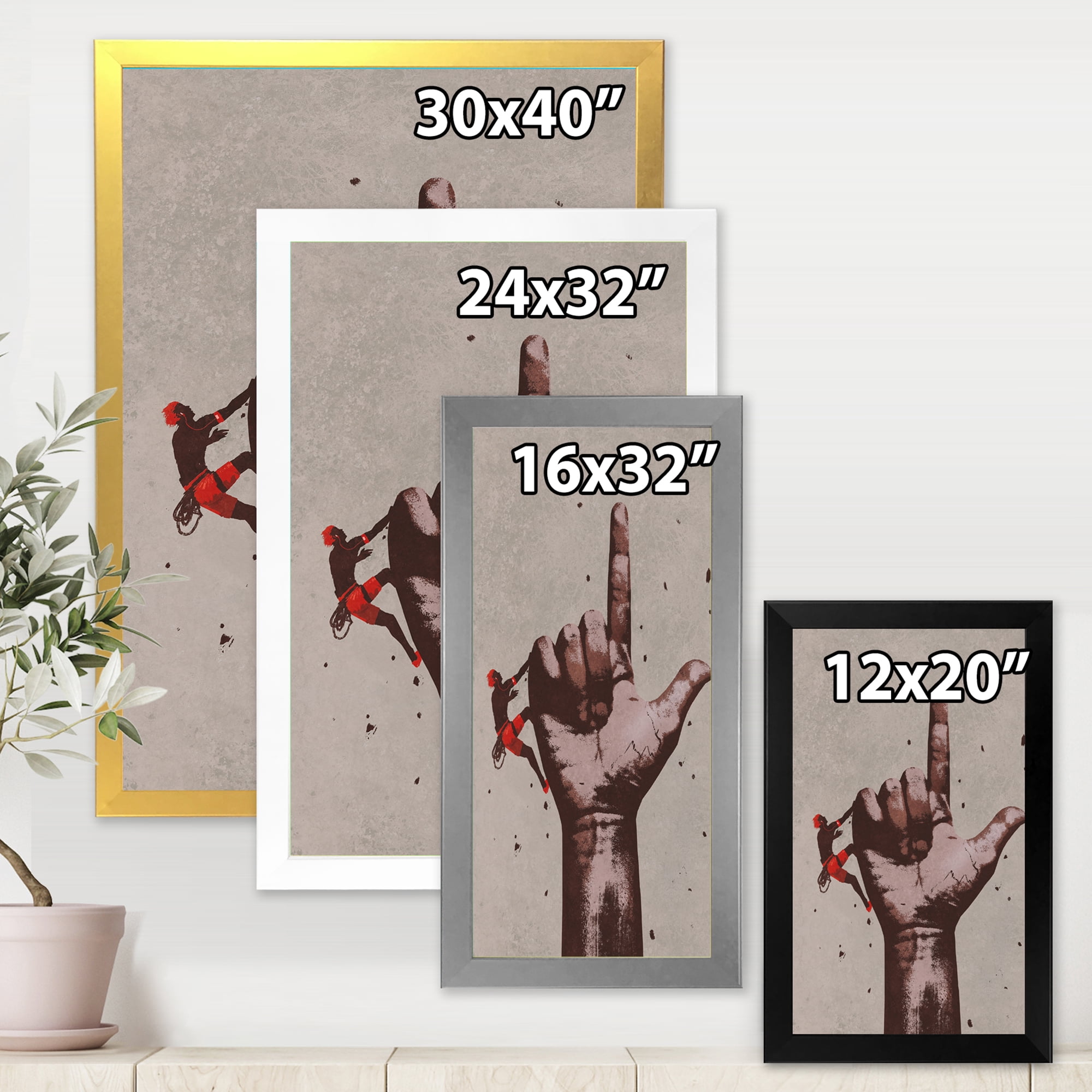 Designart 'Climber With Finger Pointing Up Sign' Modern Framed Art Print