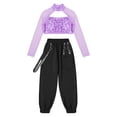 thumbnail image 3 of Alvivi Girls 2 Piece Hip-hop Dance Outfits Sequin Long Sleeve Crop Top with Cargo Pants Streetwear Lavender 6, 3 of 7