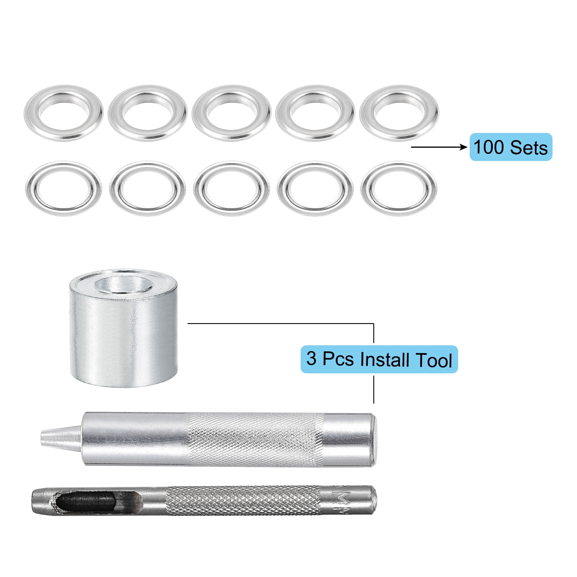 Grommet Tool Kit 100 Sets 5/16" Copper Grommets Eyelets with 3pcs Install Tools, 8mm Inside Dia. Silver Tone