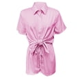 thumbnail image 2 of Fengqque Womens 2 Piece Outfits Striped Short Sleeve Button Down Collared Shirt Matching Drawstring Shorts Sets Pink S(S), 2 of 7