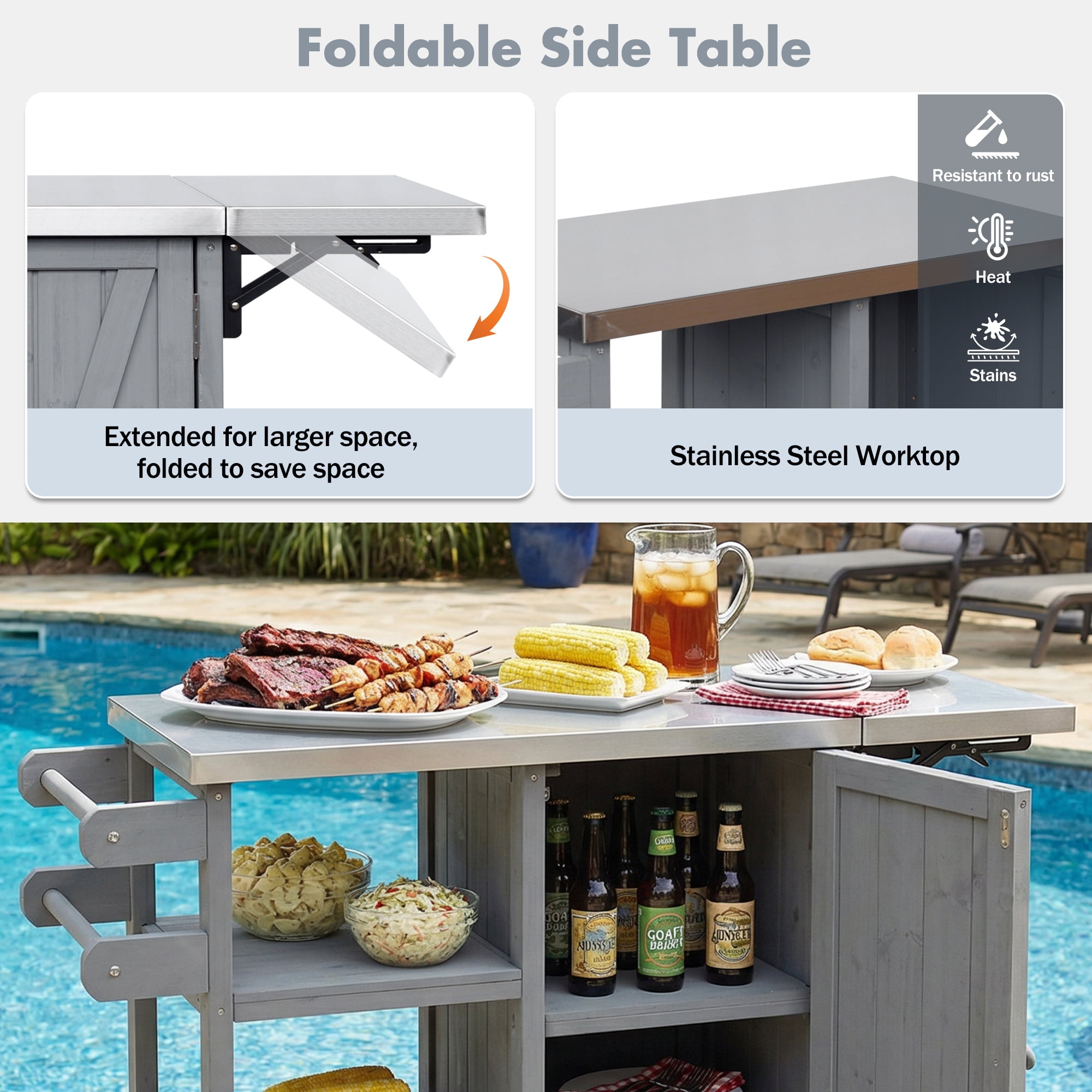 Portable Outdoor Kitchen Island, Foldable Patio Prep Station for Outdoor Use, Grey