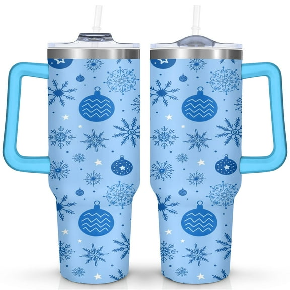 Light Blue Lanterns Snowflakes 40 Oz Tumbler with Handle Lid and Straw Stainless Steel Double Walled Vacuum Insulated Cup Merry Christmas Gifts Tumbler for Women Men Friends Outdoor Indoor