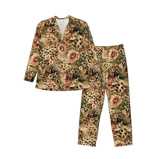 Fotbe Animal Leopard Pijama de Hombre con Estampado de Manga Larga, Conjunto de 2 Piezas, Ropa de Dormir Suave y Cómoda con Bolsillos-Large