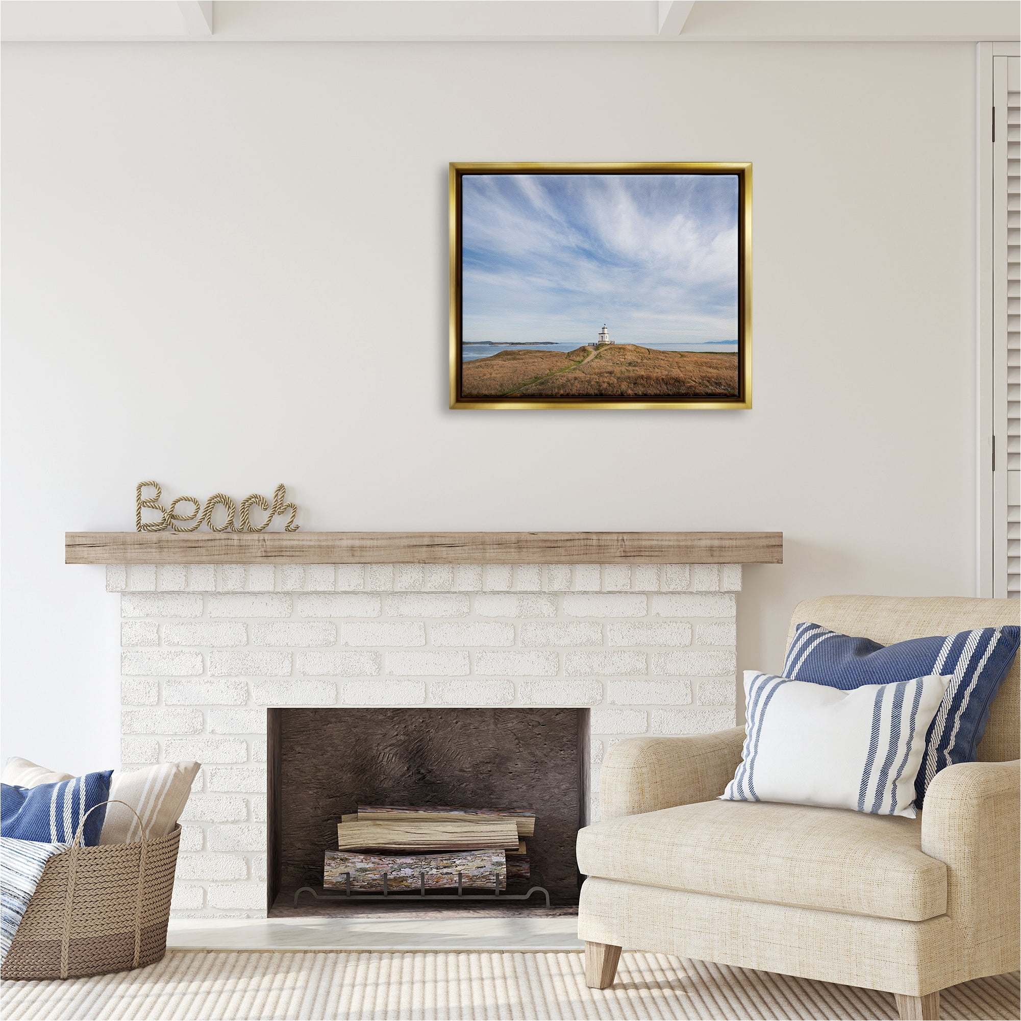 Stupell Industries Nautical Lighthouse Beacon Landscape Photography Gold Floater Framed Canvas Art Print Wall Art, 31 x 25