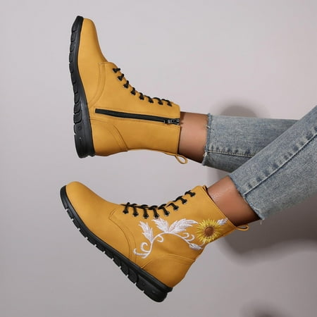 

HUPOM Fall Boots For Women 2023 Flats Low Heel Rubber Lace-Up Women S Mid-Calf Boots Yellow 42(US:9)