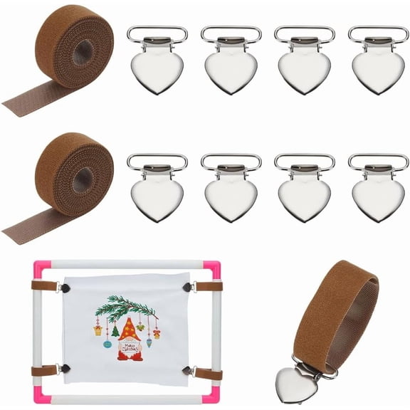 2 Sets Canvas Stretch Clip Scroll Rod Side Tension Clips Sewing Gadgets Accessories Tensioners Clips with Saddle Brown Ribbon for Hand Embroidery Needlework Frame DIY Quilting Projects Saddle Brown