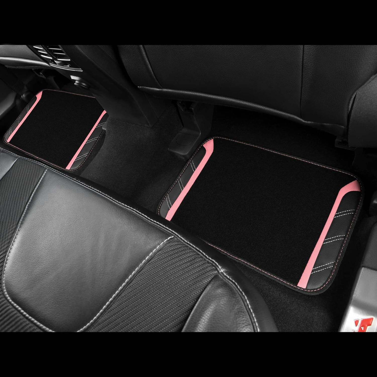 CAR GRAND Microfiber Steering Wheel Cover and Waterproof Car Floor Mats,Leather Universal Car Combo Fit for 95% Truck,SUV,Cars,14.5-15inch Sporty Anti-Slip Safety Comfortable Design(Black and Pink)