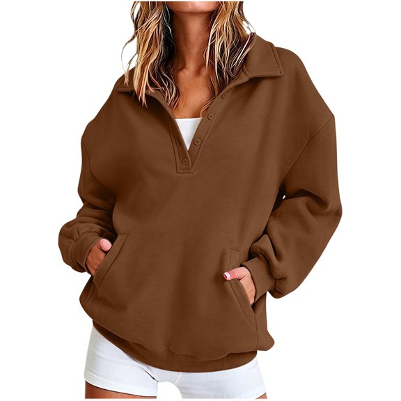 hoksml Women's Collared Sweatshirt, Half Button Long Sleeve Pullover Top with Pockets, Loose Fit Solid Color Casual