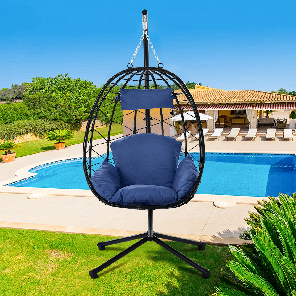 Hanging Wicker Egg Chair with Stand and Dark Blue Cushion, Heavy Duty Steel Frame Resin Wicker Hanging Chair, Outdoor Indoor UV Resistant Furniture Swing Chair with Headrest Pillow, 264lbs - image 2 of 13