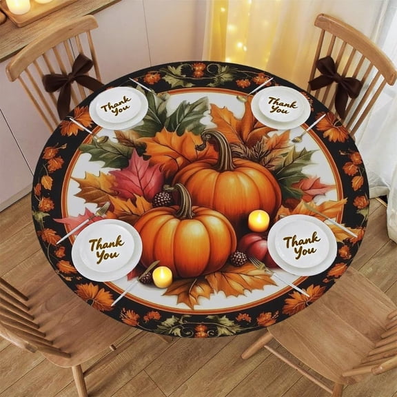 Thanksgiving Round Tablecloth with Elastic Edge,Autumn Pumpkin Fall Maple Leaves Fitted Table Cover Waterproof Stretch Table Cloth for Indoor Outdoor Party Decor,Fits 40"-44" Tables