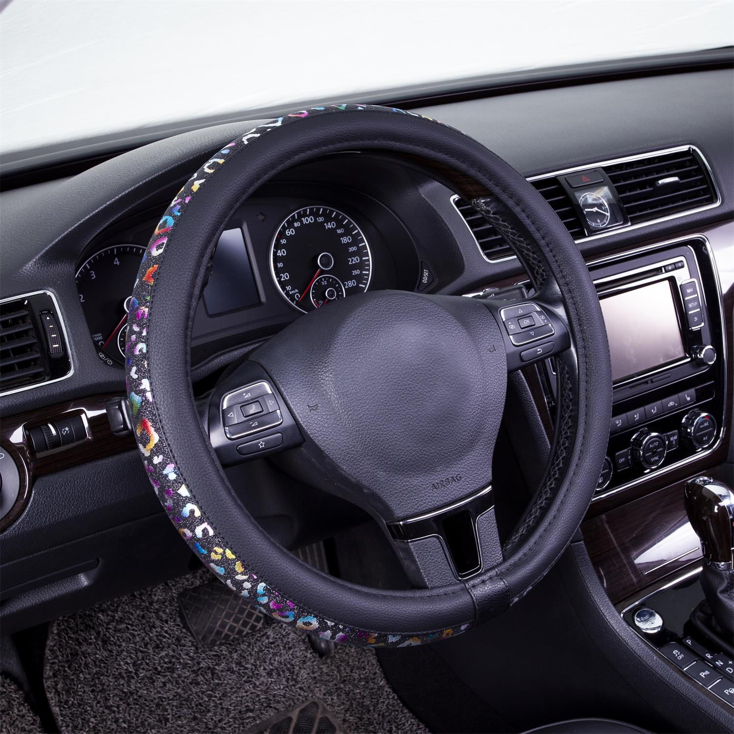 Auto Drive 1PC Steering Wheel Cover Polyester Rainbow Leopard Leather Black - Universal Fit, 21SWC57
