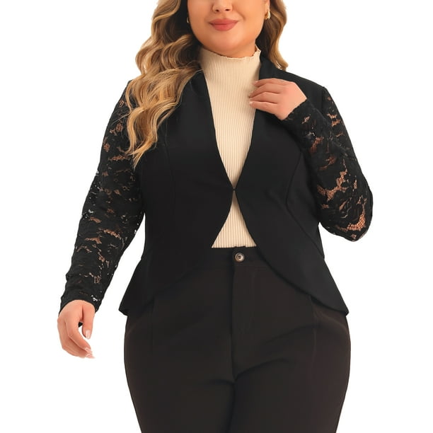 Blazer Cardigan Plus Size GRACE & GRANDEUR para Mujeres, Chaqueta Corto de Encaje de Manga Larga, Bolero 1X Negro