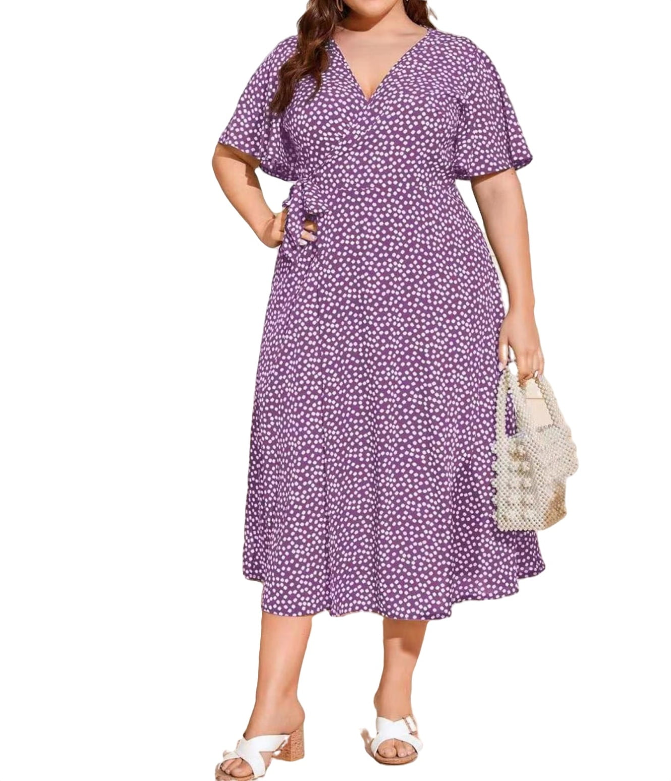 Womens Plus Dresses Ditsy Floral Wrap A Line V neck Purple 2XL