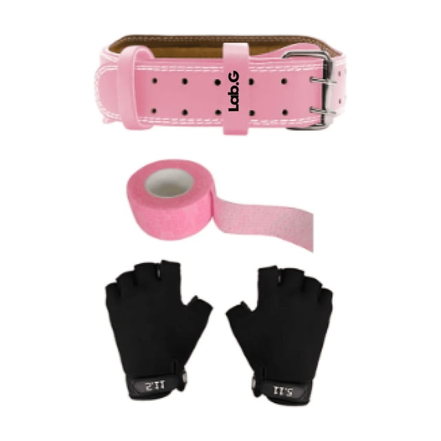 Gym Faja Lumbar Cinturón Pesas Ejercicio Mujer Y Guante 3pcs Talla S Lab.G Rosa