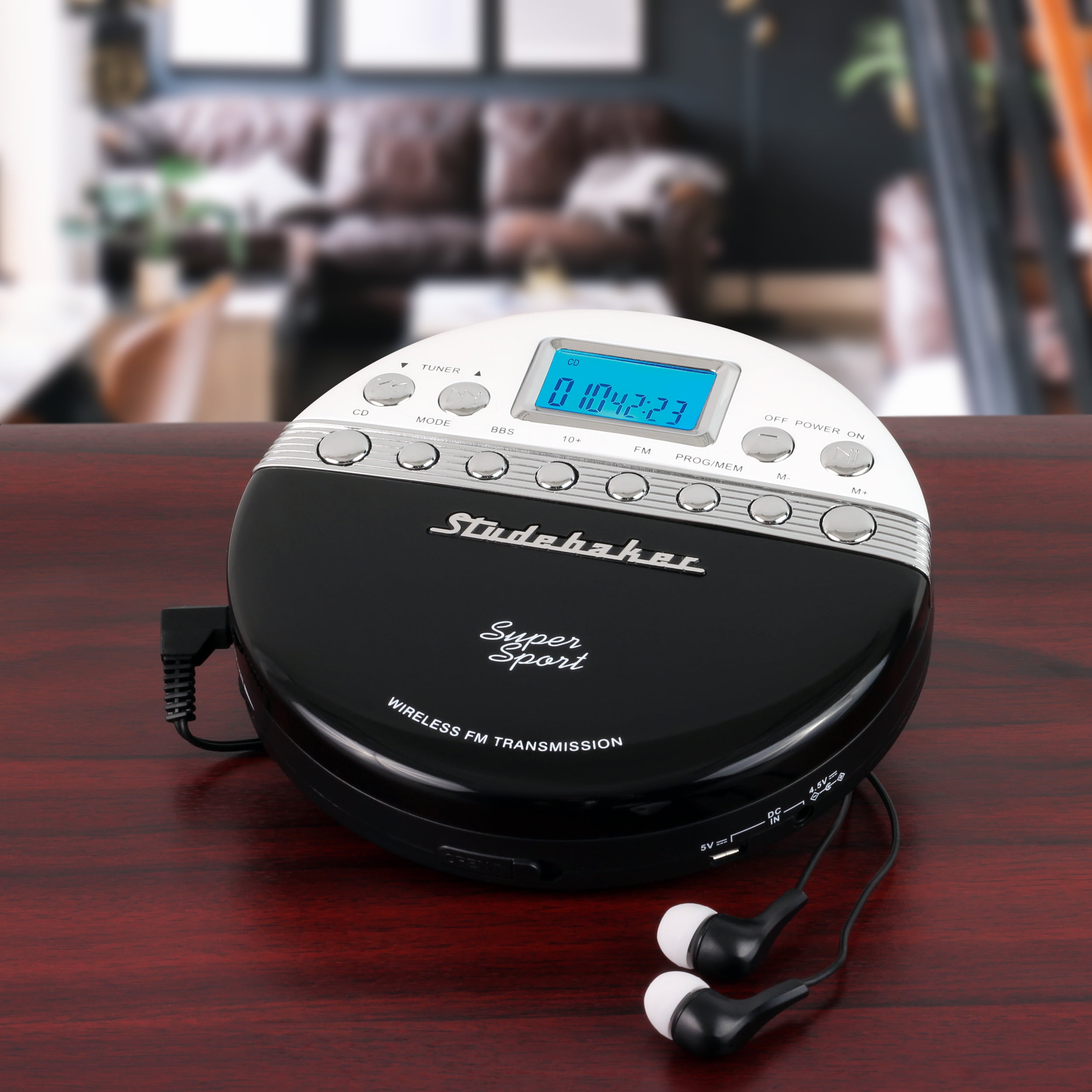 Studebaker SB3705BW Super Sport Portable CD Player Plays CDs Wirelessly Through your Car Radio Includes FM Stereo Radio and Color Coordinated Stereo Earbuds
