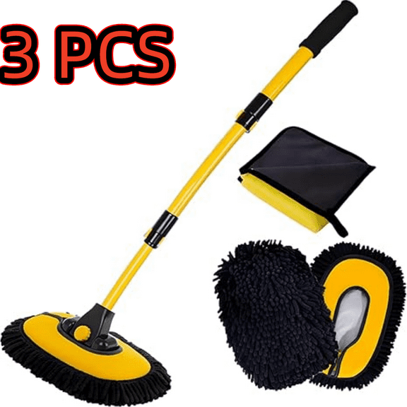 Car Wash Brush with Long Handle, Microfiber Towels Car Wash Kit Cleaning Supplies, Car Wash Mop Mitt with 2 Replacement Head , Extension Pole Car Brush Cleaning Kit for Cars Trucks